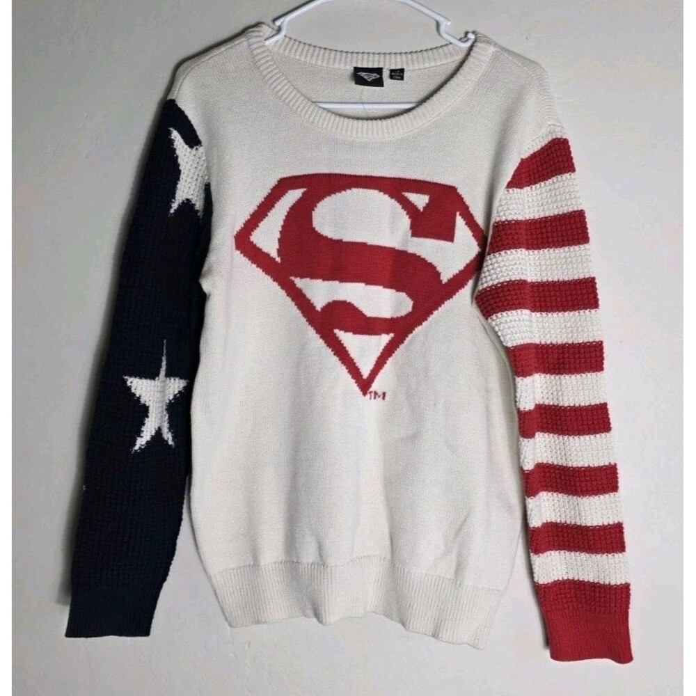 Mad Engine Superman crochet knit womens sweater relaxed star stripe SZ XS